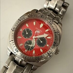 Fossil Red Dial Silver Band Watch